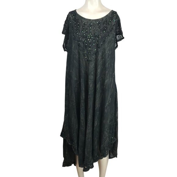 SAKKAS - WOMEN FREE SIZE  BLACK ROUND NECK SHORT SLEEVE 100% RAYON SEQUINS DRESS - Picture 1 of 9
